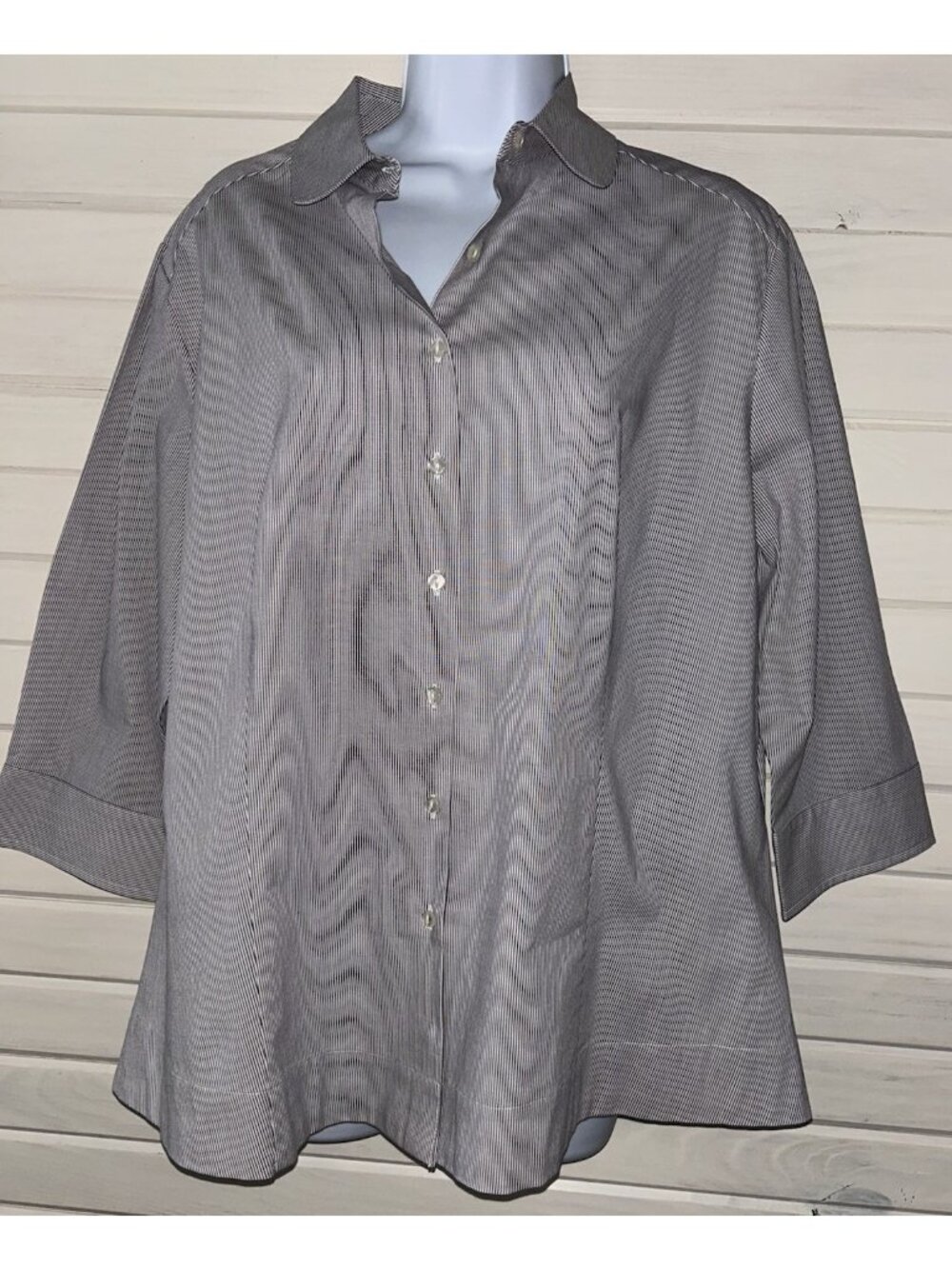 Riders Lee Sz XL Gray Stripe 3/4 Slv Shirt Instantly Slims Button Up EUC